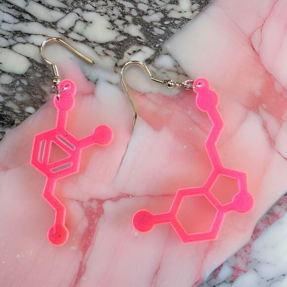 New Seratonin Dopamine Chemical Molecule Hot Pink Neon Dangle Earrings Goth Rave - Picture 1 of 4
